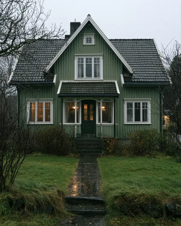 43 Green House With White Trim Ideas for Fresh Curb Appeal 43 dark green house with white trim, gable dormer, and glowing windows on a Nordic home on a rainy evening
