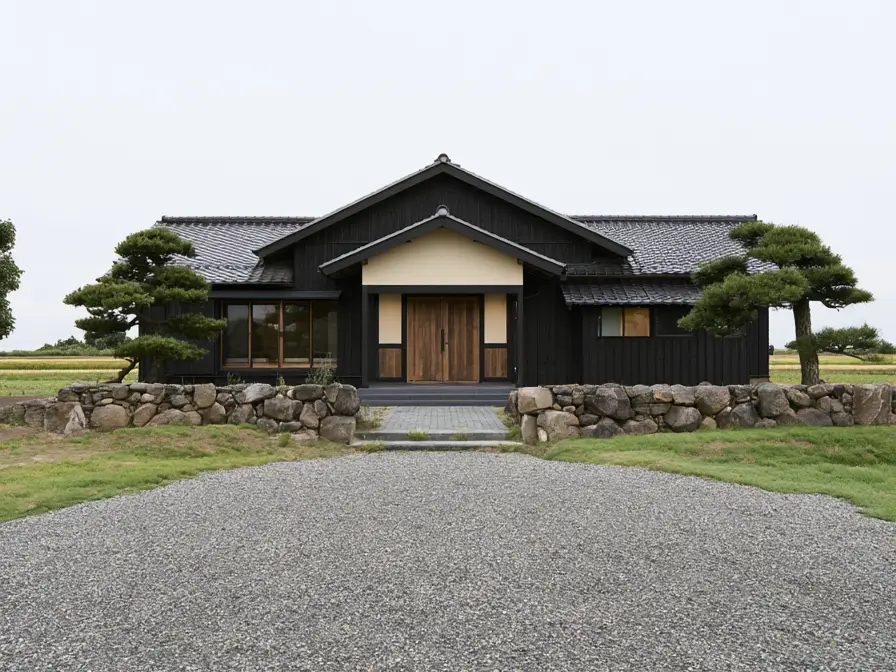 Modern Japanese House Design: 58 Ideas, Costs, and What Defines the Style 43 A single-storey house with charred black timber walls, a grey kawara tile roof, and a gabled entrance porch.