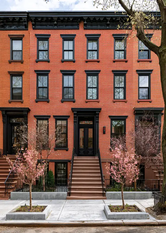 46 Red Brick House With Black Trim Ideas for Standout Curb Appeal 43 Red brick city rowhouse with black trim, black window caps, and a black door