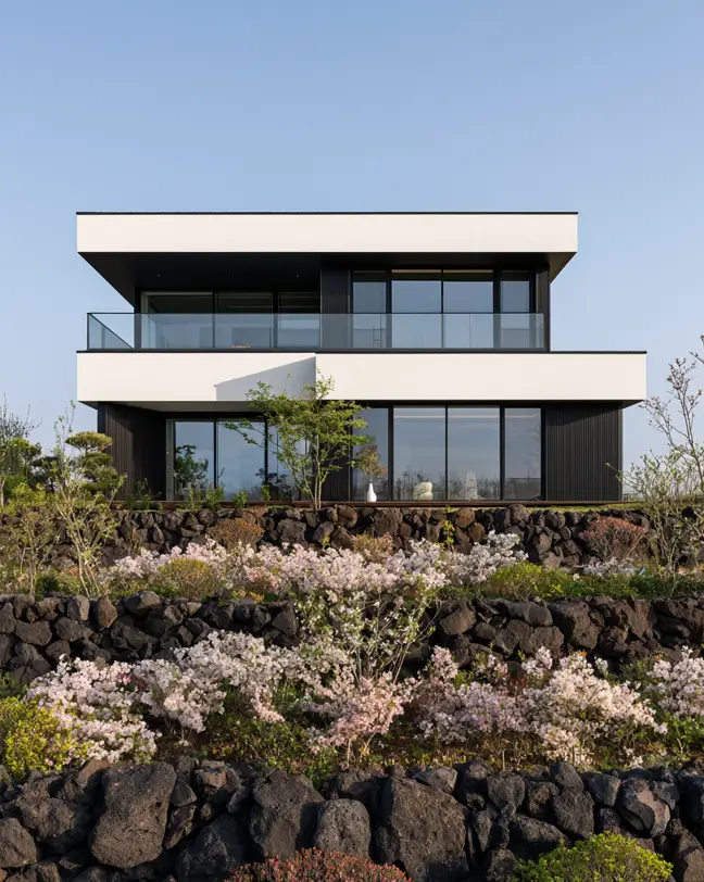 46 Modern Black and White House Exterior Ideas for a Timeless Look 43 Coastal bluff home with white flat-roof bands and dark slat siding