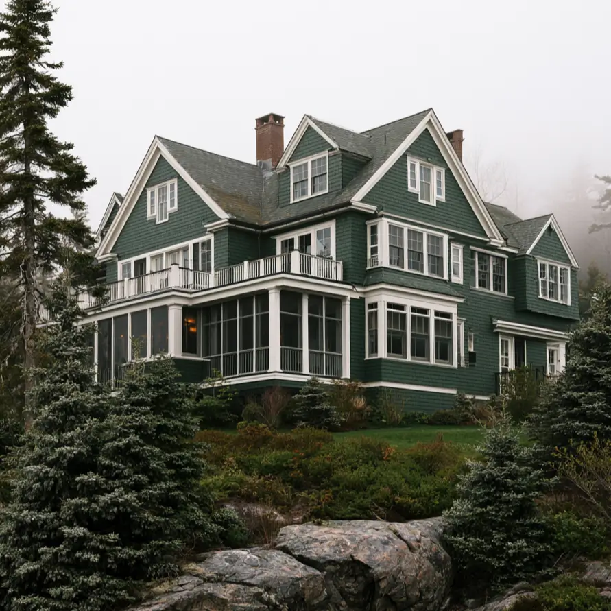 43 Green House With White Trim Ideas for Fresh Curb Appeal 44 dark green house with white trim, multiple gables, and a screened porch on a Shingle-style coastal estate in fog