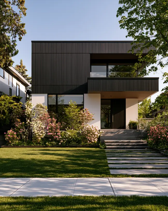 46 Modern Black and White House Exterior Ideas for a Timeless Look 44 Modern black and white house exterior with a dark wood-slat upper box over white stucco
