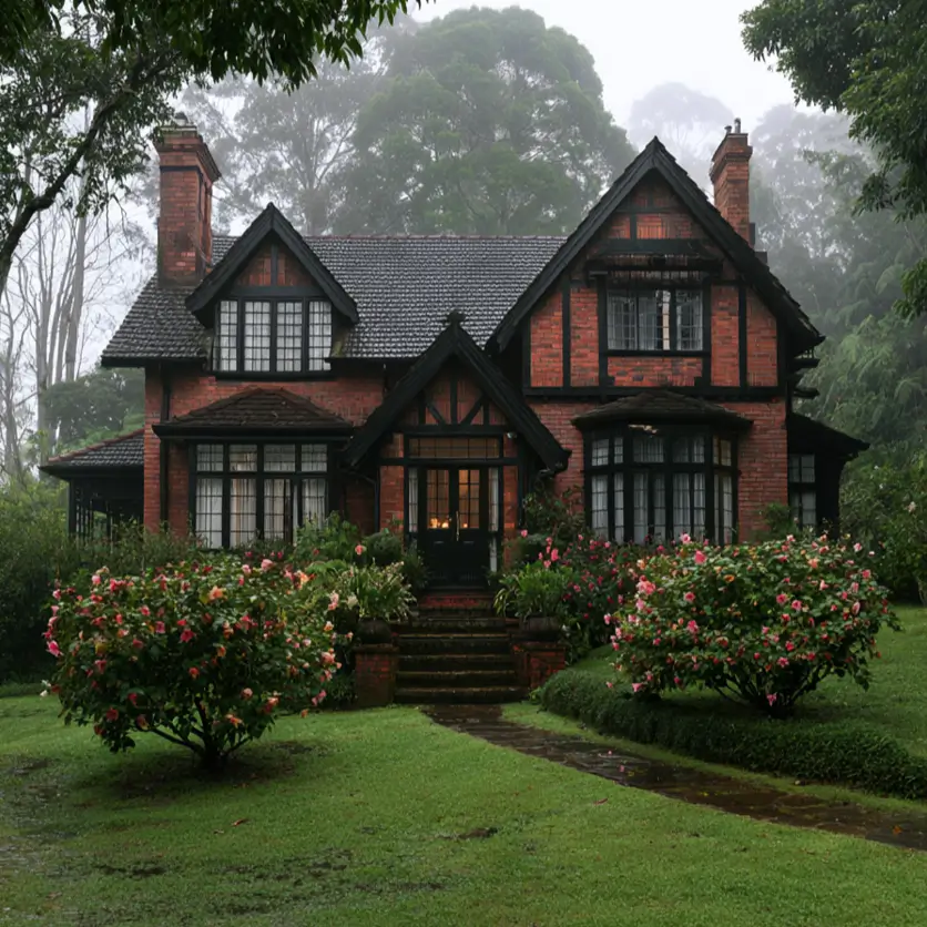 46 Red Brick House With Black Trim Ideas for Standout Curb Appeal 44 Red brick Tudor cottage with black timber trim on gables and bay windows