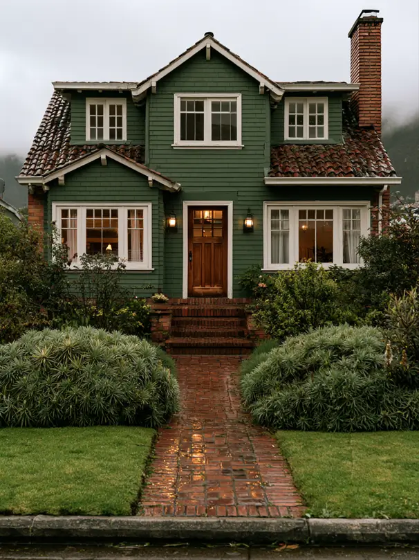 43 Green House With White Trim Ideas for Fresh Curb Appeal 45 dark green house with white trim, a natural wood door, and dormers on a craftsman home in misty hills