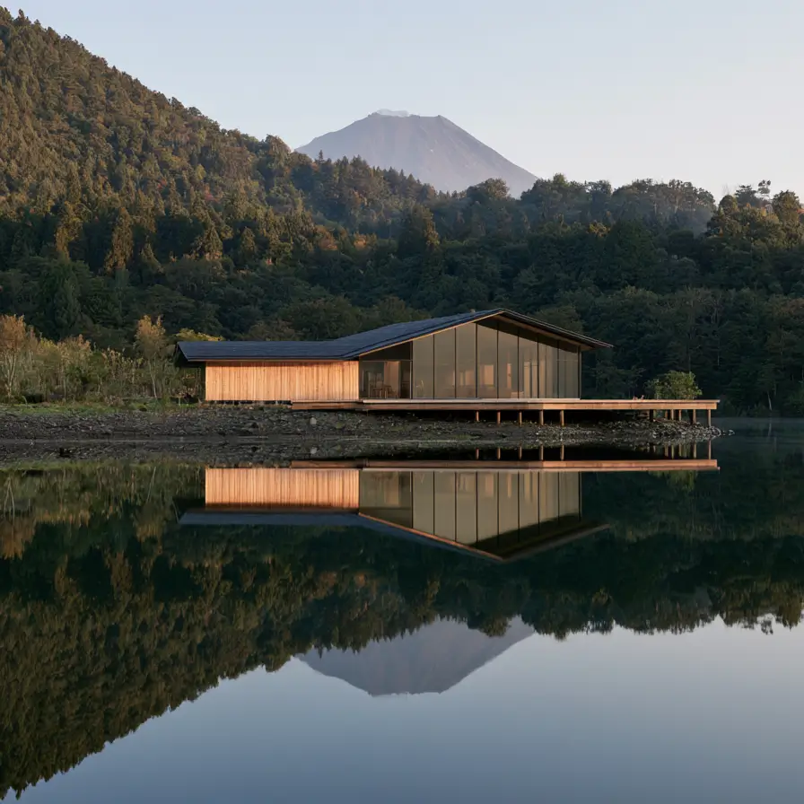 Modern Japanese House Design: 58 Ideas, Costs, and What Defines the Style 45 A modern Japanese house beside a still lake, in cedar and glass with a timber boardwalk deck.