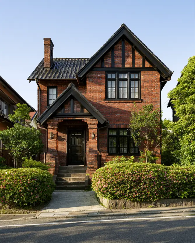 46 Red Brick House With Black Trim Ideas for Standout Curb Appeal 45 Compact red brick Tudor house with black timber trim on the gable and porch