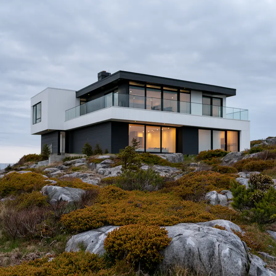 46 Modern Black and White House Exterior Ideas for a Timeless Look 45 Coastal bluff home with a white cantilevered floor over a dark charcoal base