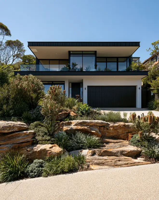 46 Modern Black and White House Exterior Ideas for a Timeless Look 46 Beach house with a floating black roof over white walls and a dark garage