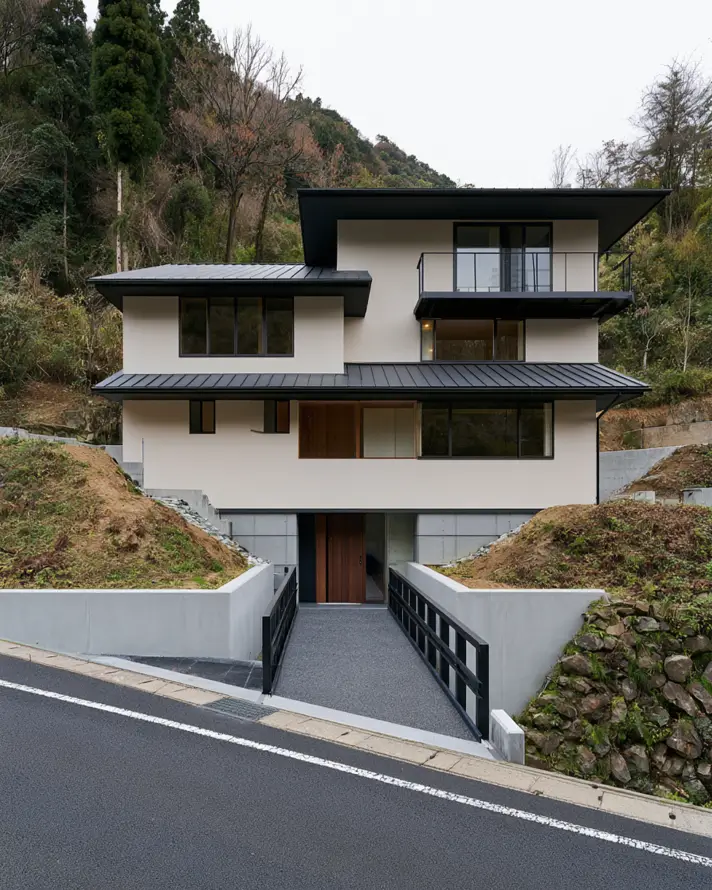 Modern Japanese House Design: 58 Ideas, Costs, and What Defines the Style 46 A house stepped into a steep hillside with concrete retaining walls and a gravel ramp.