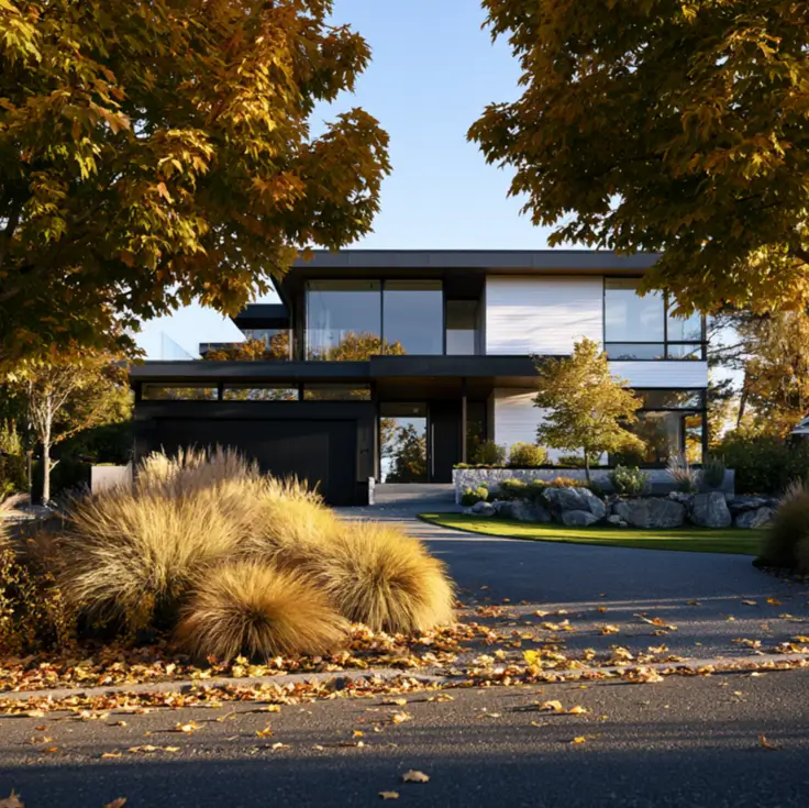 46 Modern Black and White House Exterior Ideas for a Timeless Look 47 Autumn home with a black roof, white siding, and a warm wood entry
