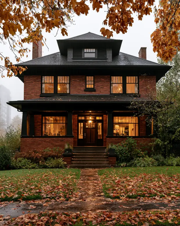 46 Red Brick House With Black Trim Ideas for Standout Curb Appeal 47 Red brick American Foursquare with black trim, black porch posts, and a wood door