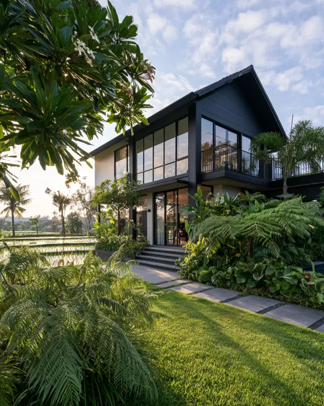 46 Modern Black and White House Exterior Ideas for a Timeless Look 48 Modern black and white house exterior with a dark charcoal gable and white stucco base in the tropics