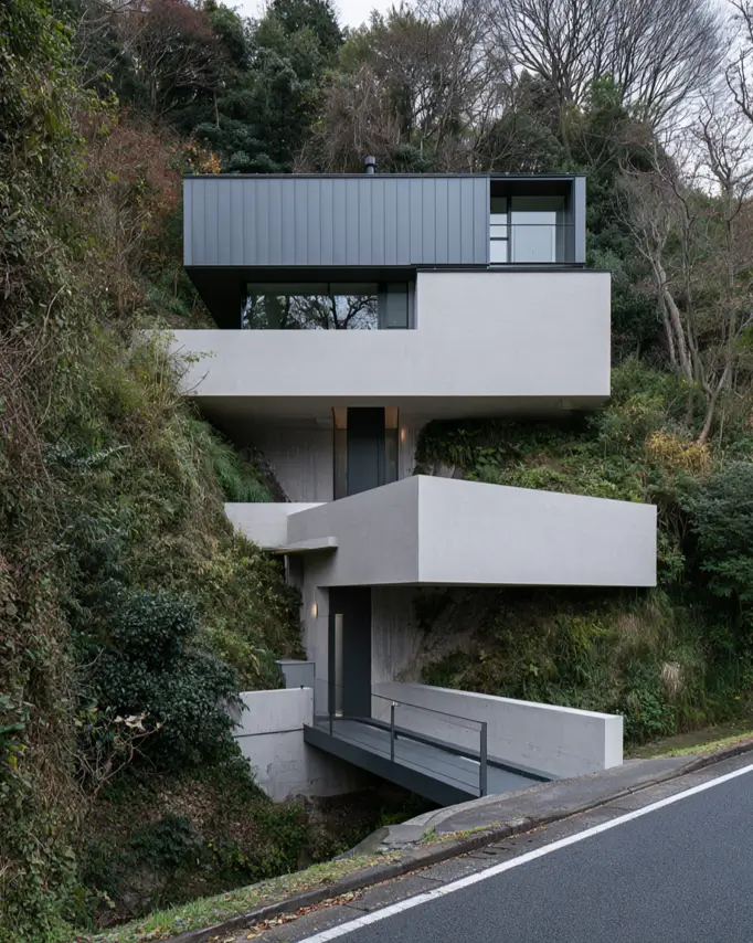 Modern Japanese House Design: 58 Ideas, Costs, and What Defines the Style 48 Stacked volumes cantilevered down a wooded hillside with a steel walkway entry.