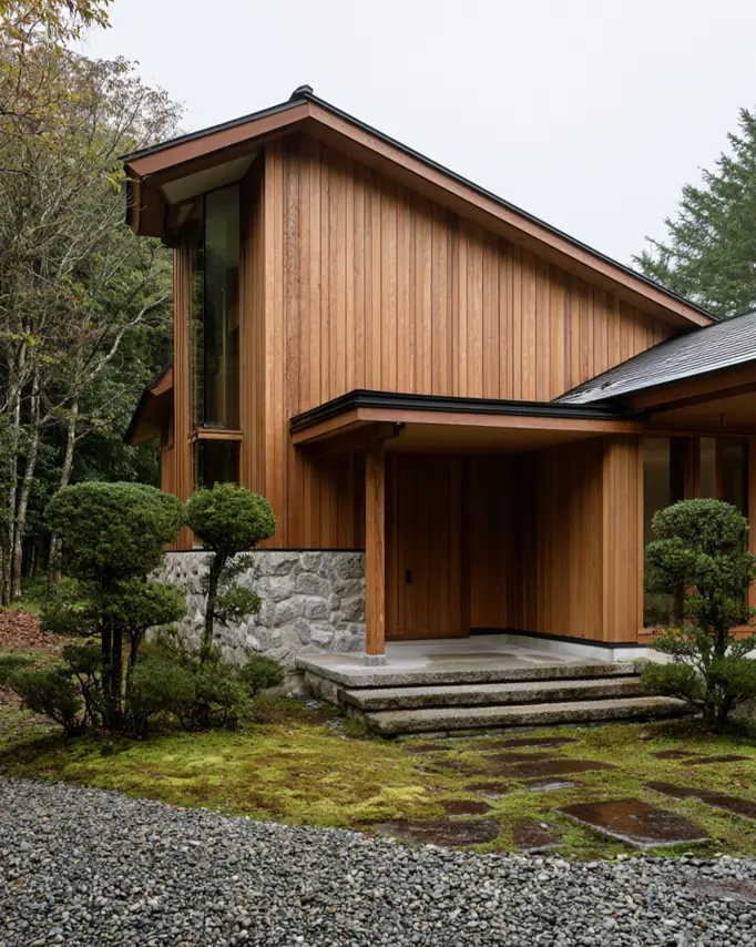 Modern Japanese House Design: 58 Ideas, Costs, and What Defines the Style 49 Cedar cladding under a steep sloping roof on a rough granite base in a forest clearing.