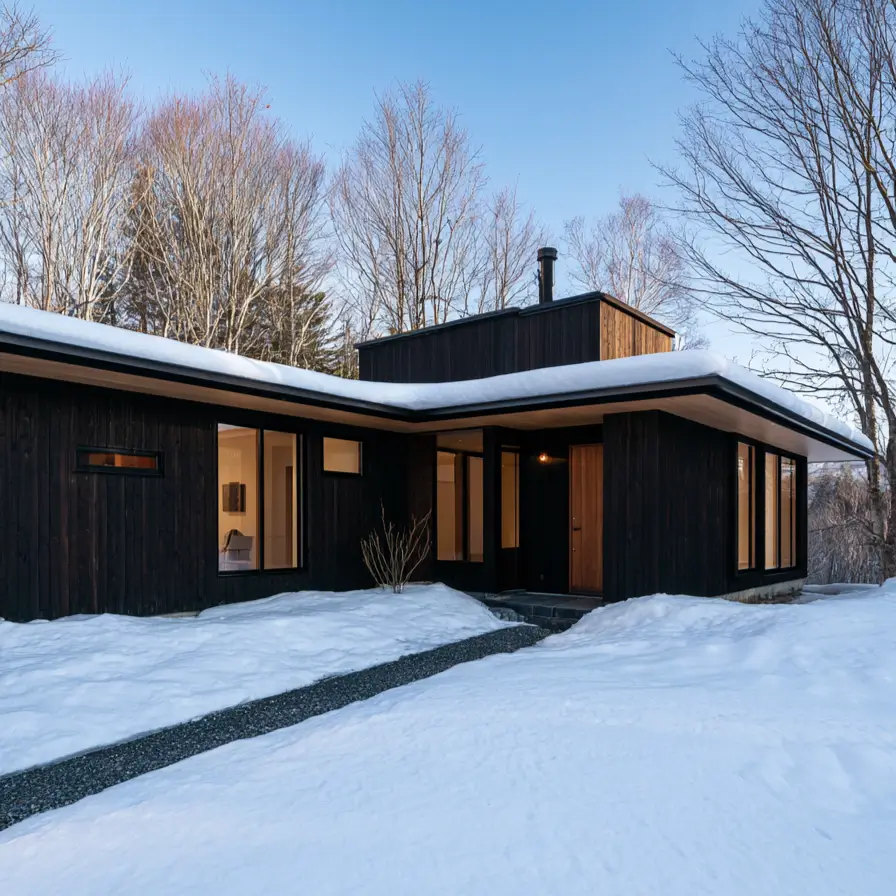 Modern Japanese House Design: 58 Ideas, Costs, and What Defines the Style 51 A single-storey house in snow with dark timber walls, a low snow-covered roof, and lit windows.
