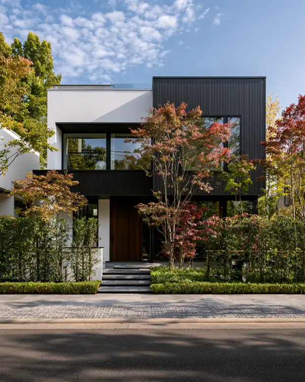 46 Modern Black and White House Exterior Ideas for a Timeless Look 7 Black slat upper box over white stucco with a warm wood front door