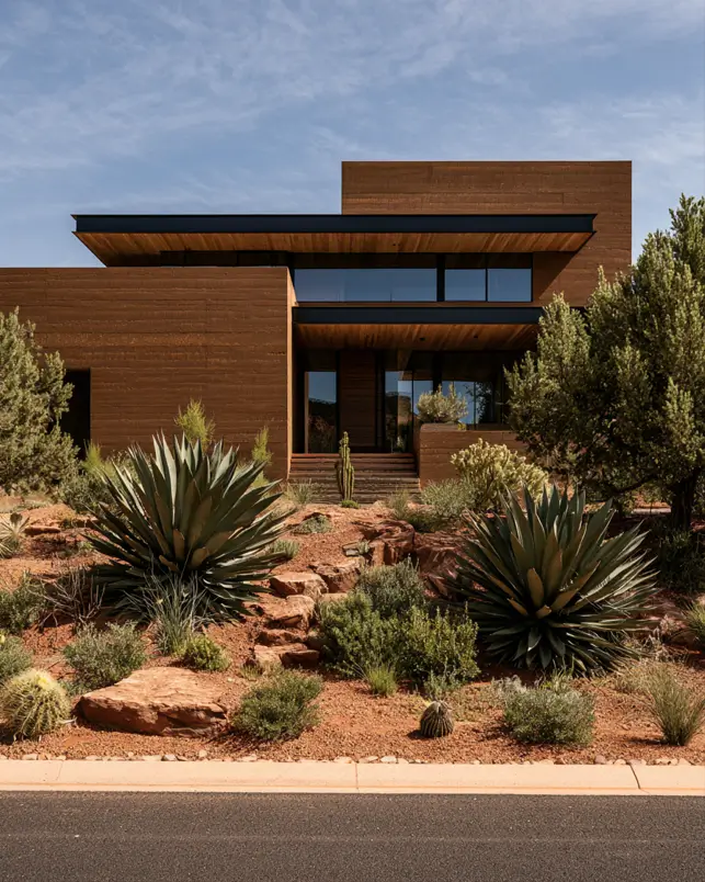 37 Brown House with Black Trim Ideas for a Warm, Modern Exterior 7 Layered rammed-earth desert home in warm brown with a black ribbon window and deep dark eaves among agave