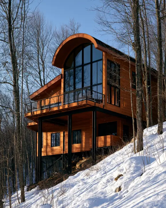 Hillside House Design: 38 Ideas for Building With the Slope 7 cedar hillside house on steel stilts with a curved roof and glass wall on a snowy slope
