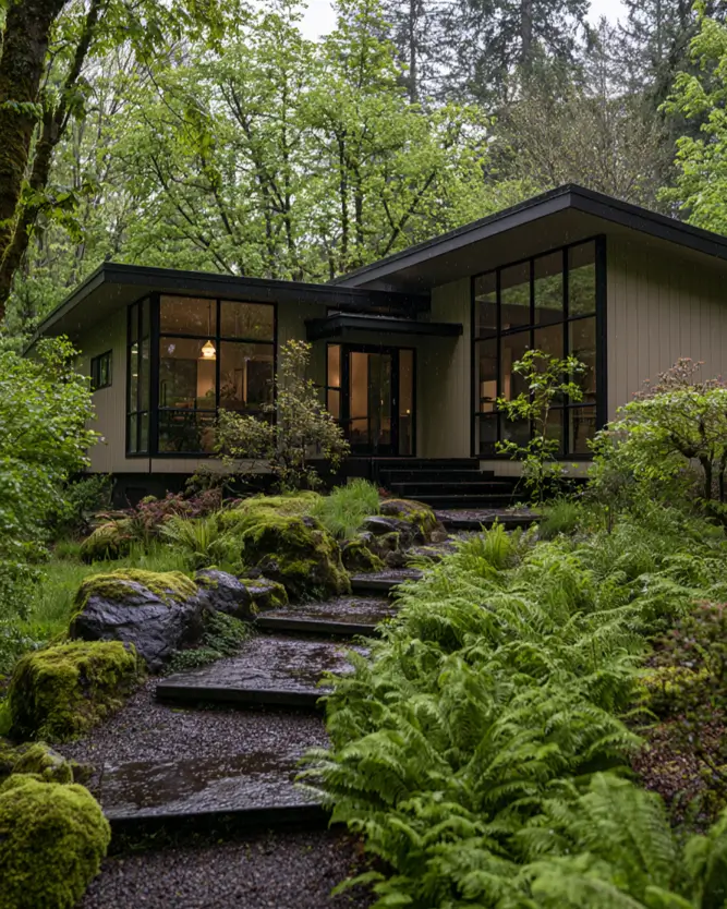 Taupe House With Black Trim: 28 Ideas + Best Paint Colors 7 Taupe house with black trim on a midcentury modern home with black window walls in a mossy forest