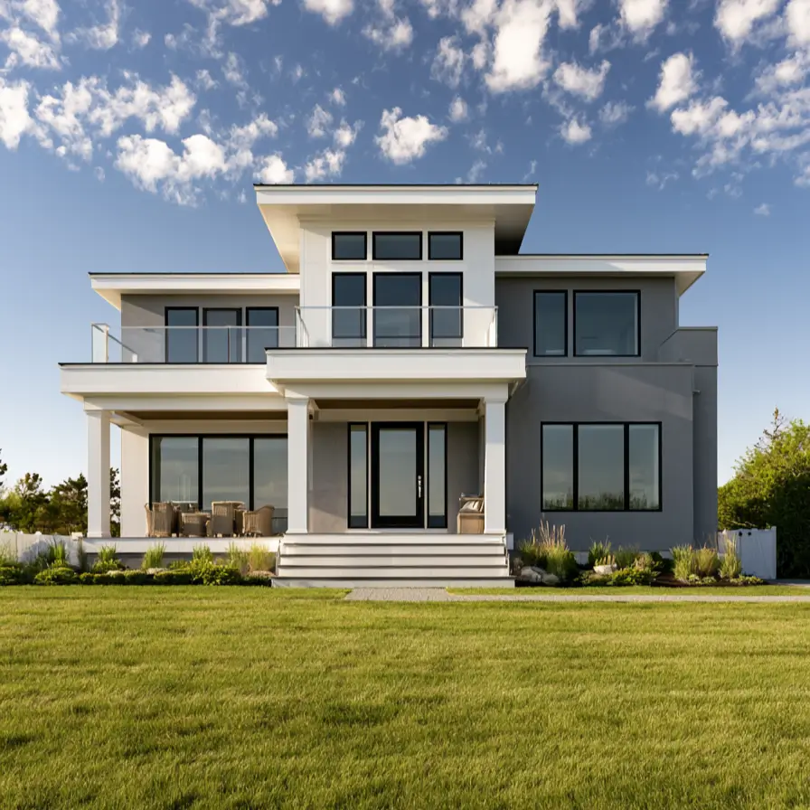 Modern Grey and White House Exterior: 30 Two-Tone Ideas 7 Modern grey and white house exterior with grey stucco walls, white entry tower, columns, black-framed windows, and a wide green lawn