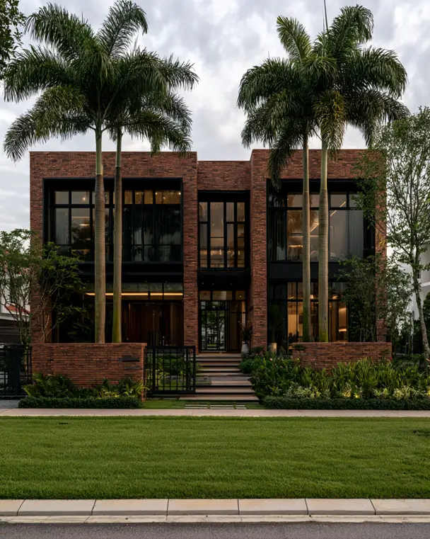 46 Red Brick House With Black Trim Ideas for Standout Curb Appeal 7 Modern red brick house with black trim and symmetrical double-height glass bays