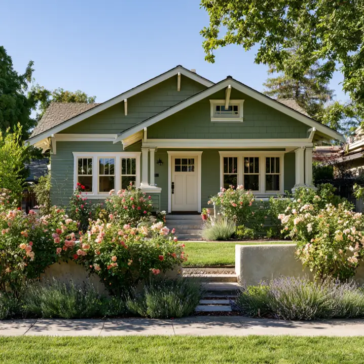 43 Green House With White Trim Ideas for Fresh Curb Appeal 7 sage green house with white trim, tapered porch columns, and a rose garden on a classic craftsman bungalow