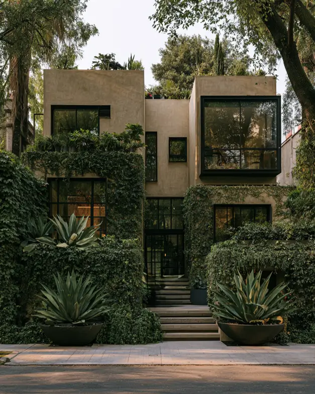 40 Tan House With Black Trim Exteriors Worth Copying 7 Tan house with black trim on a cubic modern home, with slim black windows, ivy-covered walls, and agave
