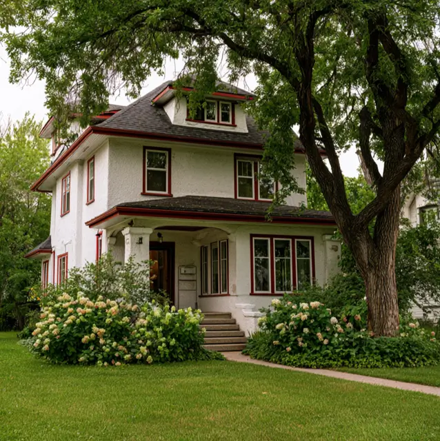White House with Red Trim: 27 Ideas and How to Pick Your Red 7 White stucco Foursquare with deep maroon window and eave trim and summer hydrangeas