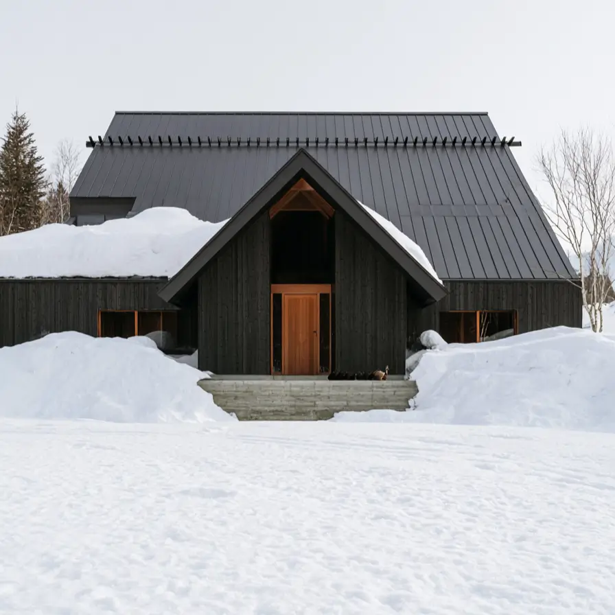 Modern Japanese House Design: 58 Ideas, Costs, and What Defines the Style 52 Snow guards on a steep metal roof above a triangular timber entrance porch in deep snow.