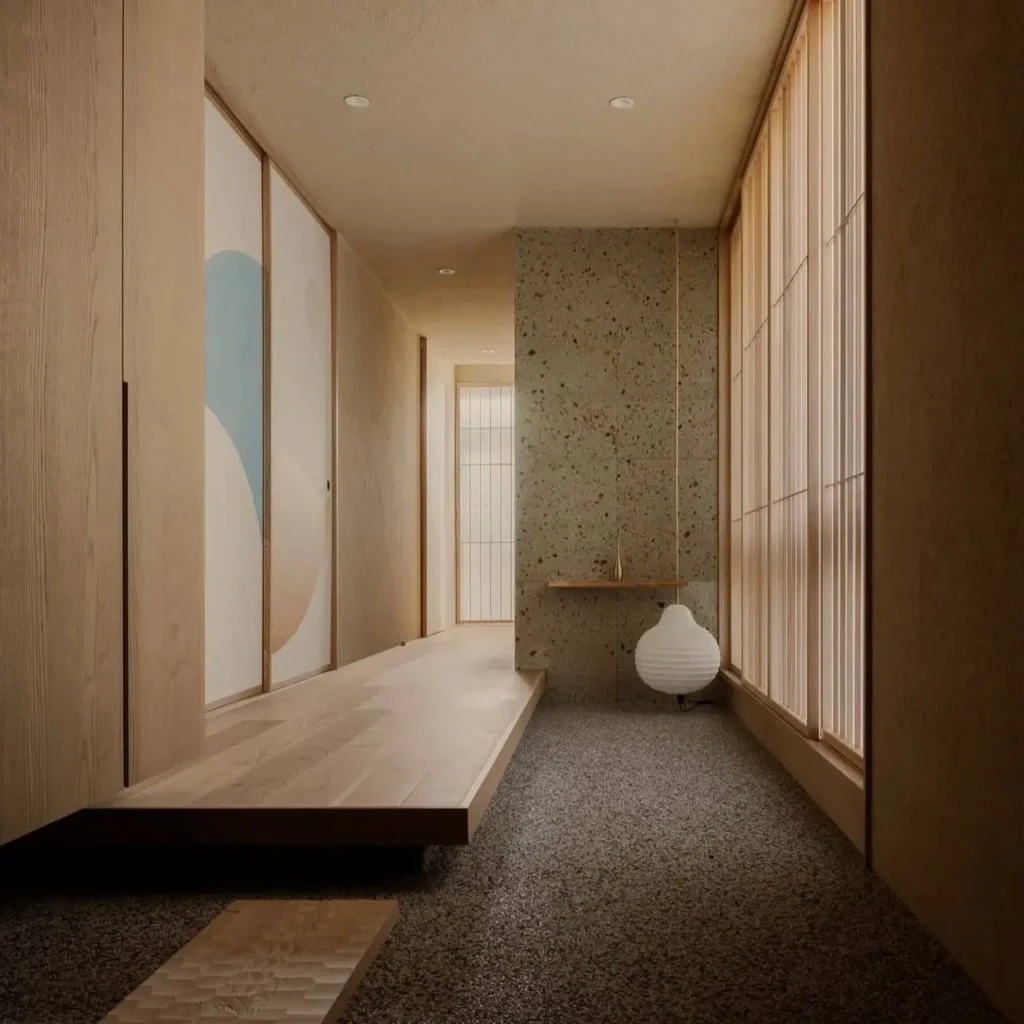 Modern Japanese House Design: 58 Ideas, Costs, and What Defines the Style 53 A modern Japanese house interior showing a genkan with flush oak storage and a raised timber step.