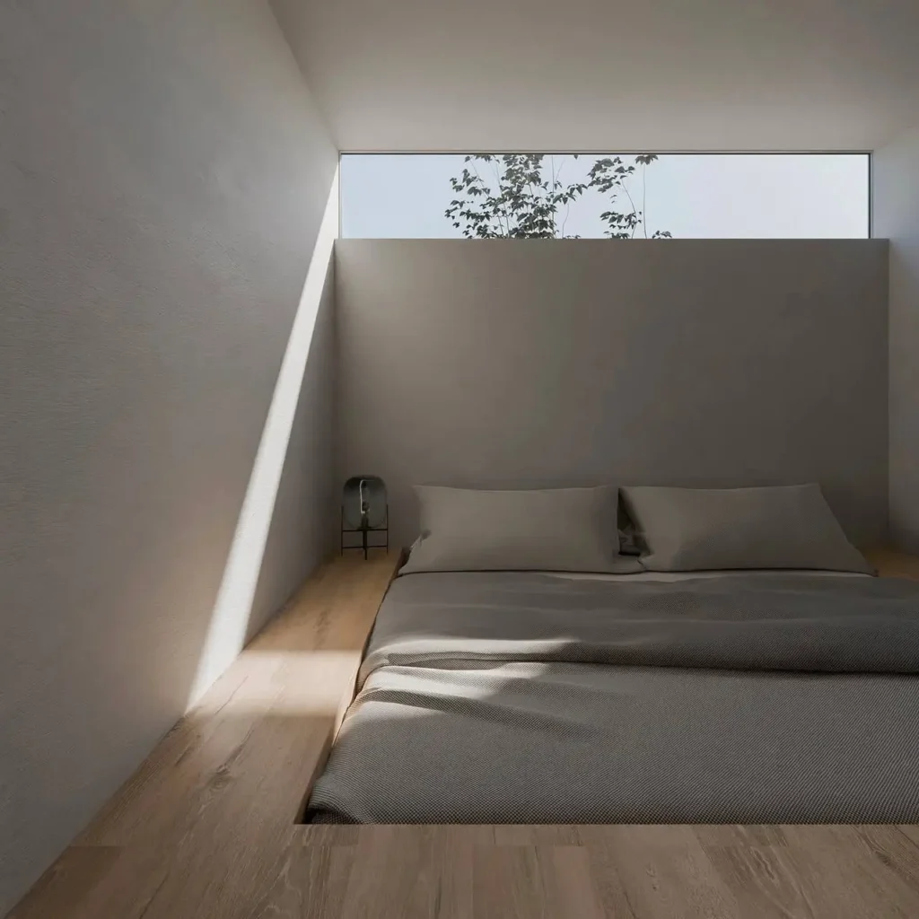 Modern Japanese House Design: 58 Ideas, Costs, and What Defines the Style 55 A modern Japanese house bedroom with a sunken bed set into an oak floor below a full-width clerestory window.