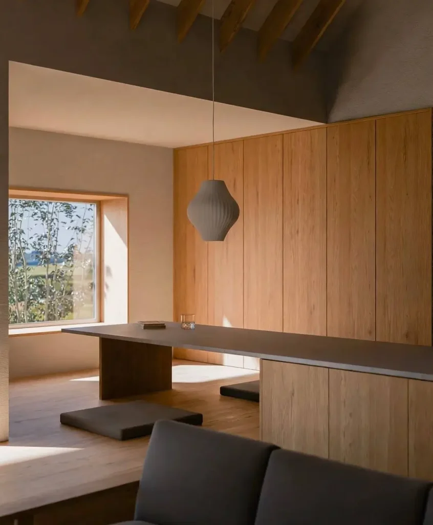 Modern Japanese House Design: 58 Ideas, Costs, and What Defines the Style 57 A modern Japanese house dining area with a low table, floor cushions, a full-height oak cupboard wall, and a deep-set window.