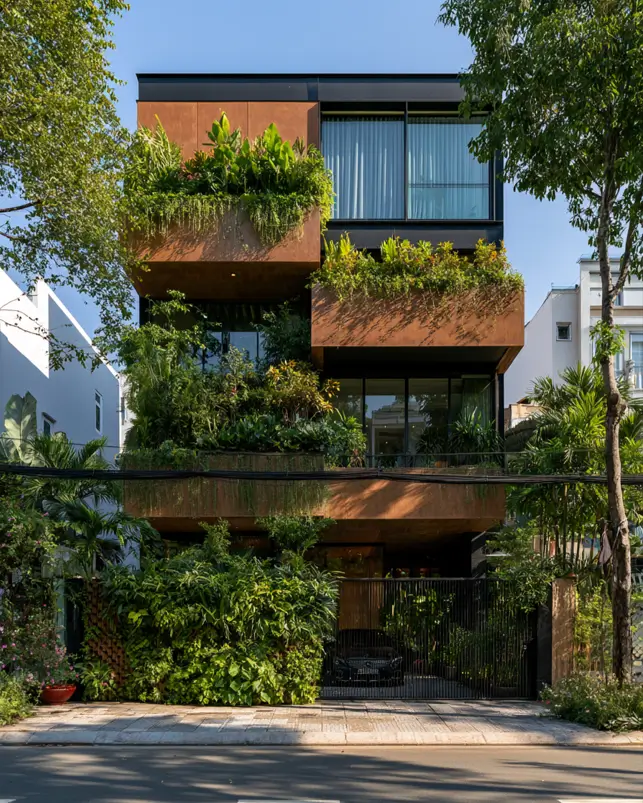 37 Brown House with Black Trim Ideas for a Warm, Modern Exterior 8 Modern brown house with black trim, a rust-brown townhouse with black window walls and greenery-draped planters