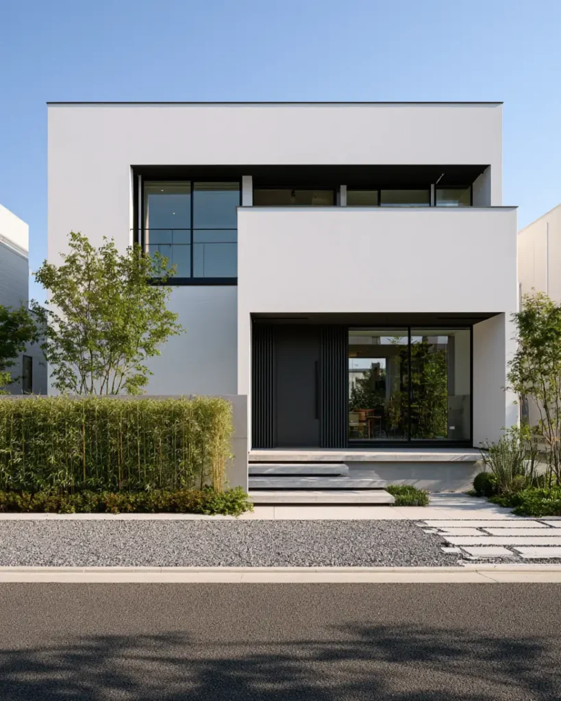 46 Modern Black and White House Exterior Ideas for a Timeless Look 8 Minimalist white stucco house with black window frames and a recessed entry
