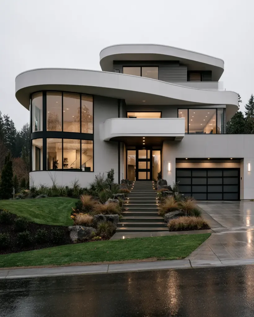 Modern Grey and White House Exterior: 30 Two-Tone Ideas 8 Modern grey and white house exterior with curved white balconies, grey stucco core, black-framed glass, and lit steps on a rainy evening