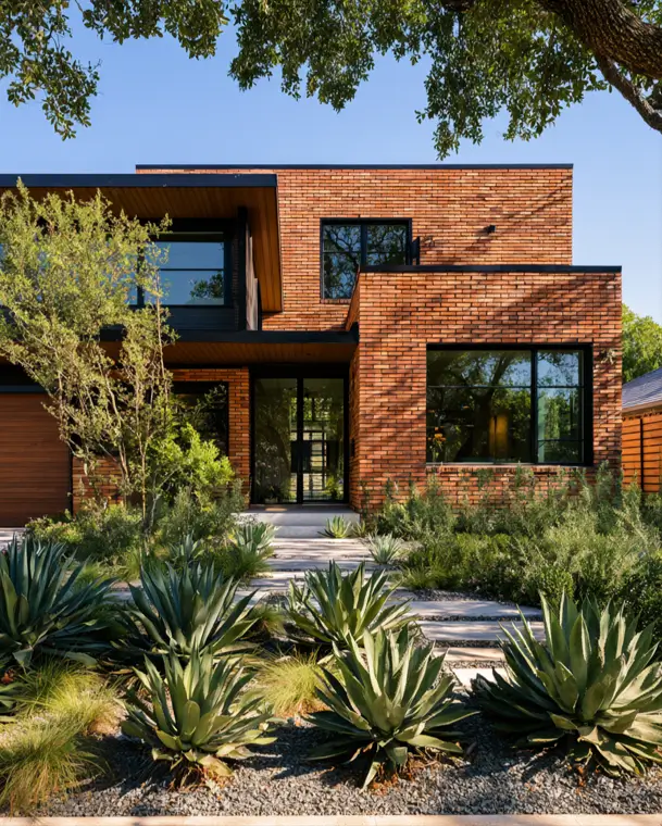 46 Red Brick House With Black Trim Ideas for Standout Curb Appeal 8 Modern red brick house with black trim and large black picture windows