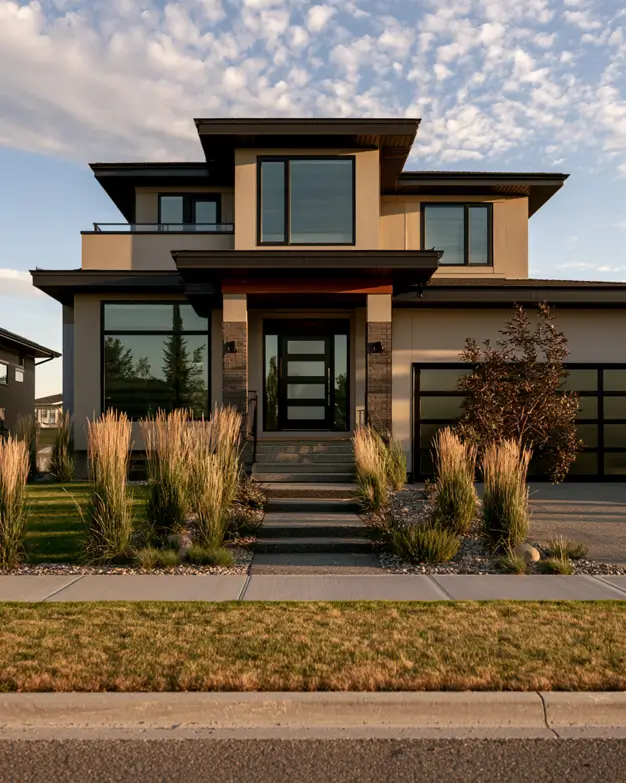 40 Tan House With Black Trim Exteriors Worth Copying 8 Prairie modern tan and black house with black-framed windows, dark fascia, and a stone entry