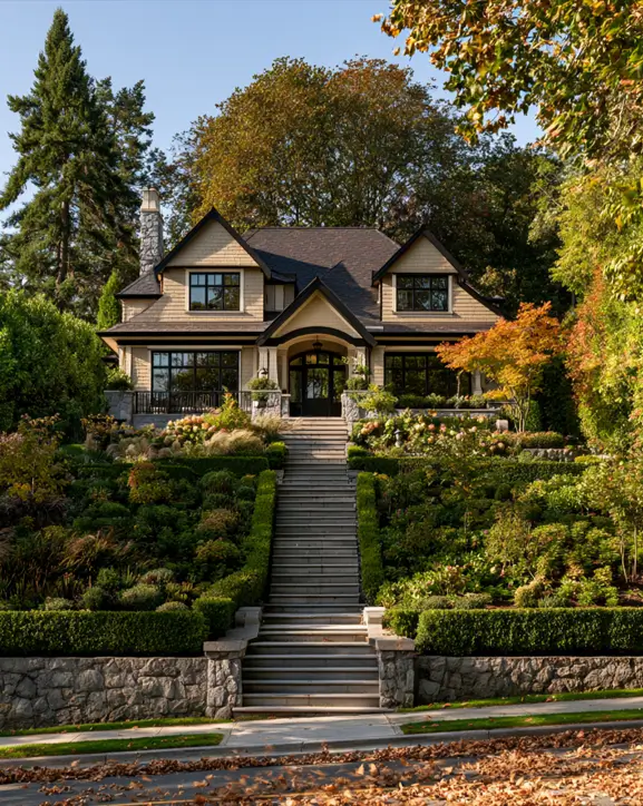 Hillside House Design: 38 Ideas for Building With the Slope 8 Craftsman hillside home above a terraced garden with a stone retaining wall and entry stair