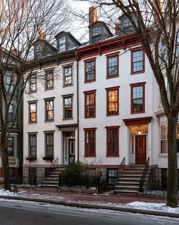 White House with Red Trim: 27 Ideas and How to Pick Your Red 8 Urban white brick rowhouse with burgundy window hoods and a red front door at dusk
