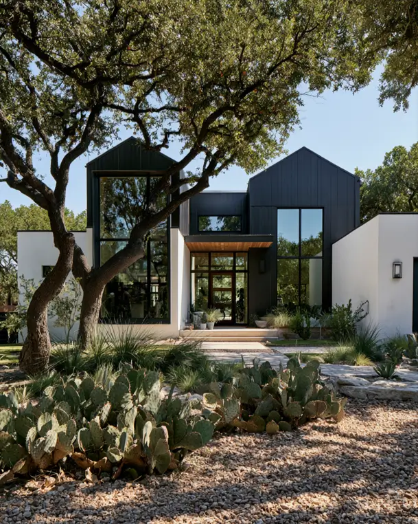 46 Modern Black and White House Exterior Ideas for a Timeless Look 9 Modern black and white house exterior with black board and batten gables and white stucco wings