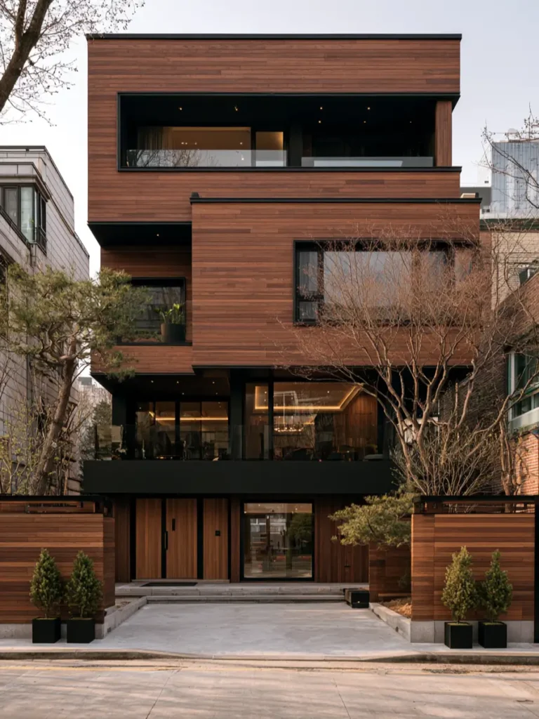 37 Brown House with Black Trim Ideas for a Warm, Modern Exterior 9 Walnut-brown wood townhouse with stacked offset volumes, black window recesses, and a dark balcony band