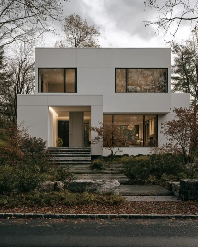 Hillside House Design: 38 Ideas for Building With the Slope 9 minimalist white stucco modern hillside house with black windows above a stone retaining wall