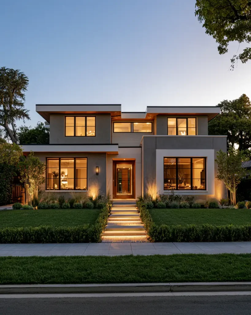Modern Grey and White House Exterior: 30 Two-Tone Ideas 9 Modern grey and white house exterior prairie style with grey stucco walls, white window trim, wood door accents, deep flat eaves, and warm dusk lighting