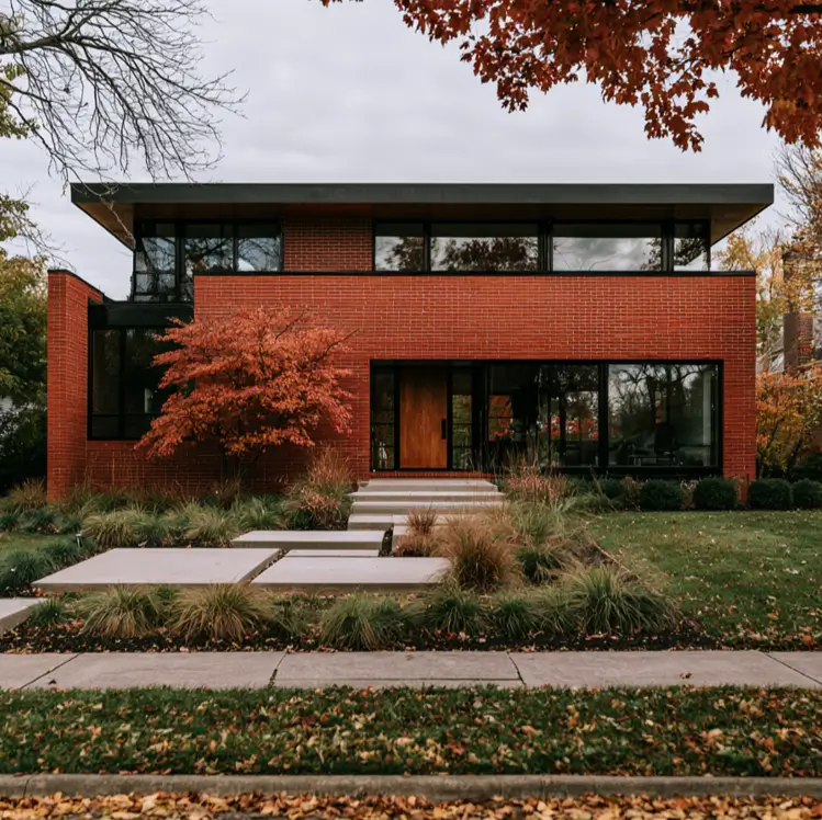 46 Red Brick House With Black Trim Ideas for Standout Curb Appeal 9 Modern red brick house with black trim and a band of black clerestory windows
