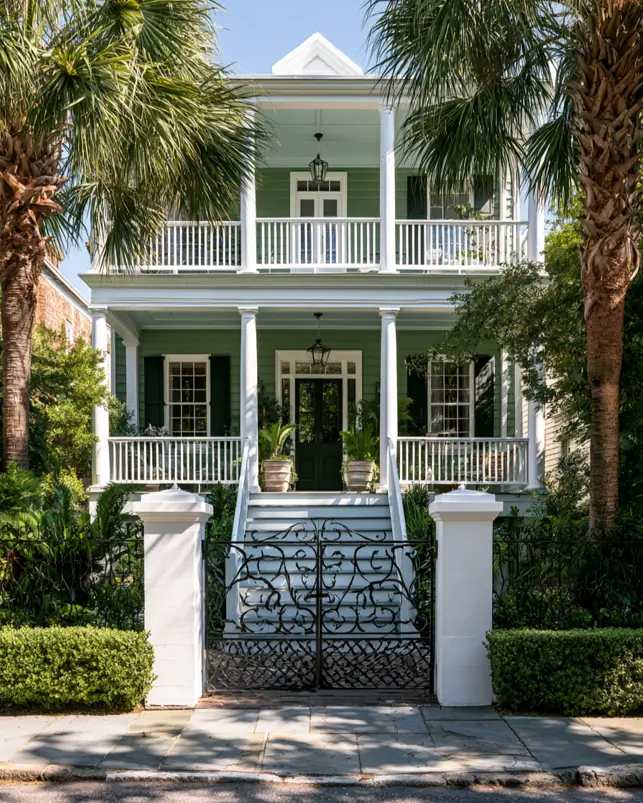 43 Green House With White Trim Ideas for Fresh Curb Appeal 9 sage green house with white trim, two-story columns, and dark green shutters on a Charleston double-porch home