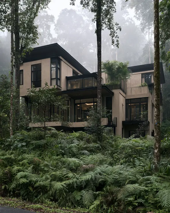 40 Tan House With Black Trim Exteriors Worth Copying 9 Tan house with black trim in a misty forest, with black-framed corner windows and cantilevered balconies