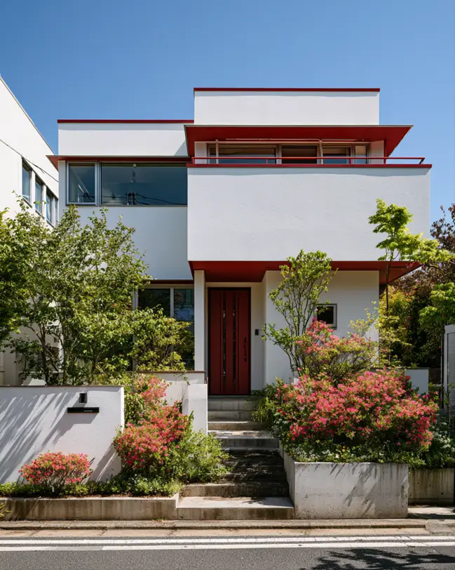 White House with Red Trim: 27 Ideas and How to Pick Your Red 9 White house with red trim, bright red roof edges and a red front door on a modern flat-roofed home