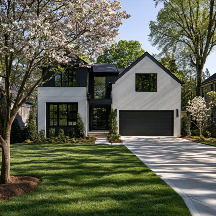 46 Modern Black and White House Exterior Ideas for a Timeless Look 10 White home with a black board and batten center bay and stacked windows
