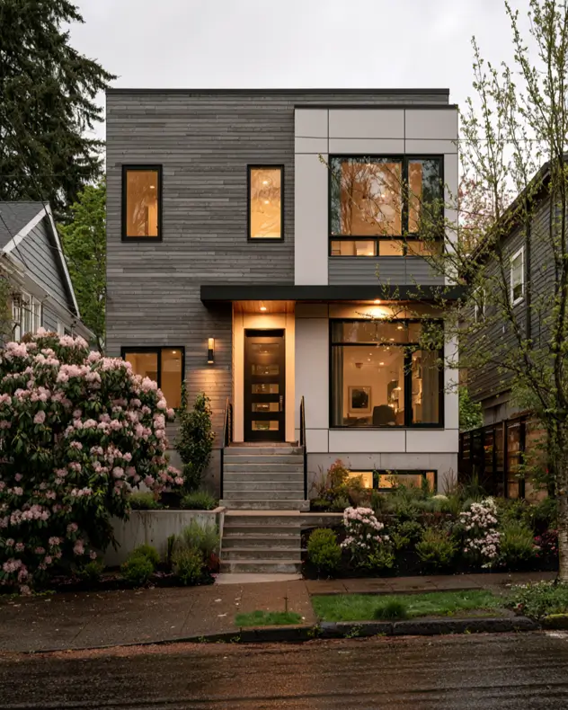 Modern Grey and White House Exterior: 30 Two-Tone Ideas 10 Modern grey and white house exterior with grey wood plank siding, white panelled bay, black-framed windows, and a lit entry on a rainy evening