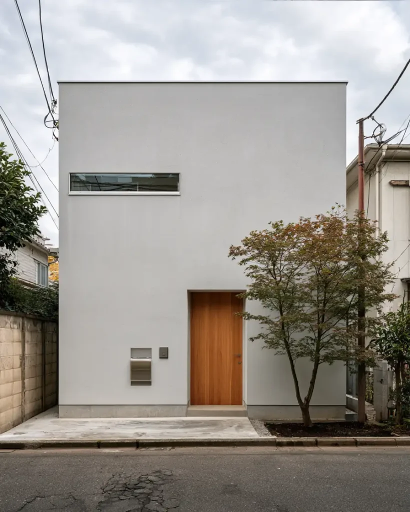 Modern Japanese House Design: 58 Ideas, Costs, and What Defines the Style 10 A flush pale render facade with a cedar door, horizontal window, and a young maple in gravel.